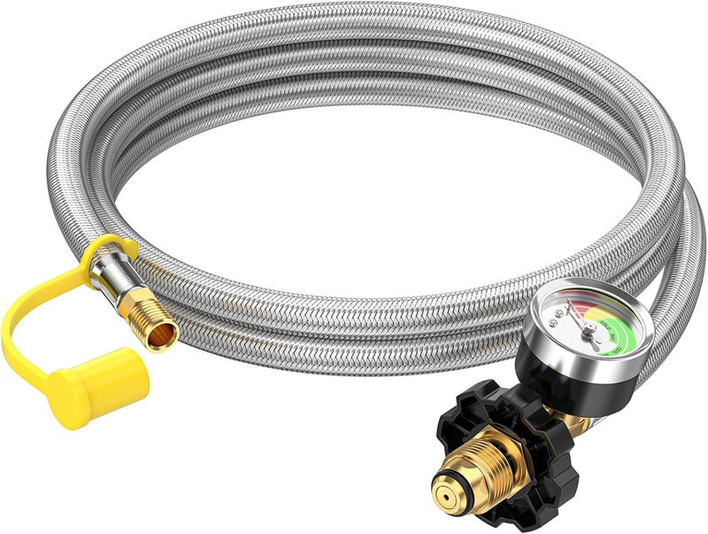 Alloxity 6ft Propane Hose Extension with Gauge, POL x 1/4" Male NPT, Braided Supply Pigtail Hose, for 5-100lb Tank Connection, Extend a Stay RV Propane Kit, Dual Regulator, Camper - Image 1
